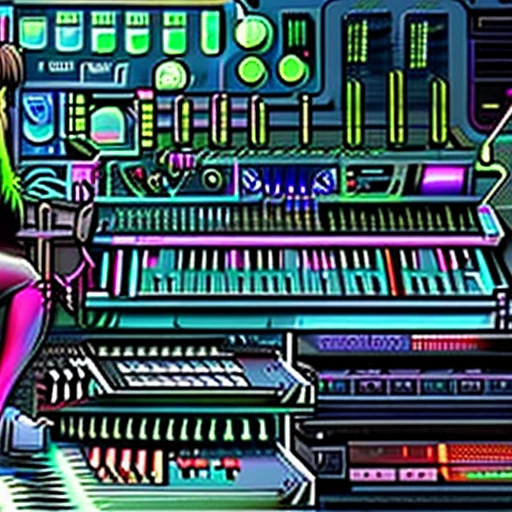 a woman sitting on top of a keyboard surrounded by music equipment, synthwave art, synthwave, glitchpunk girl, digital cyberpunk - anime art, decora inspired illustrations, in the style dan mumford artwork, synthwave art style, synthwave style, ((synthwave)), cyberpunk art style, synthwave art style ]!!, epic retrowave art