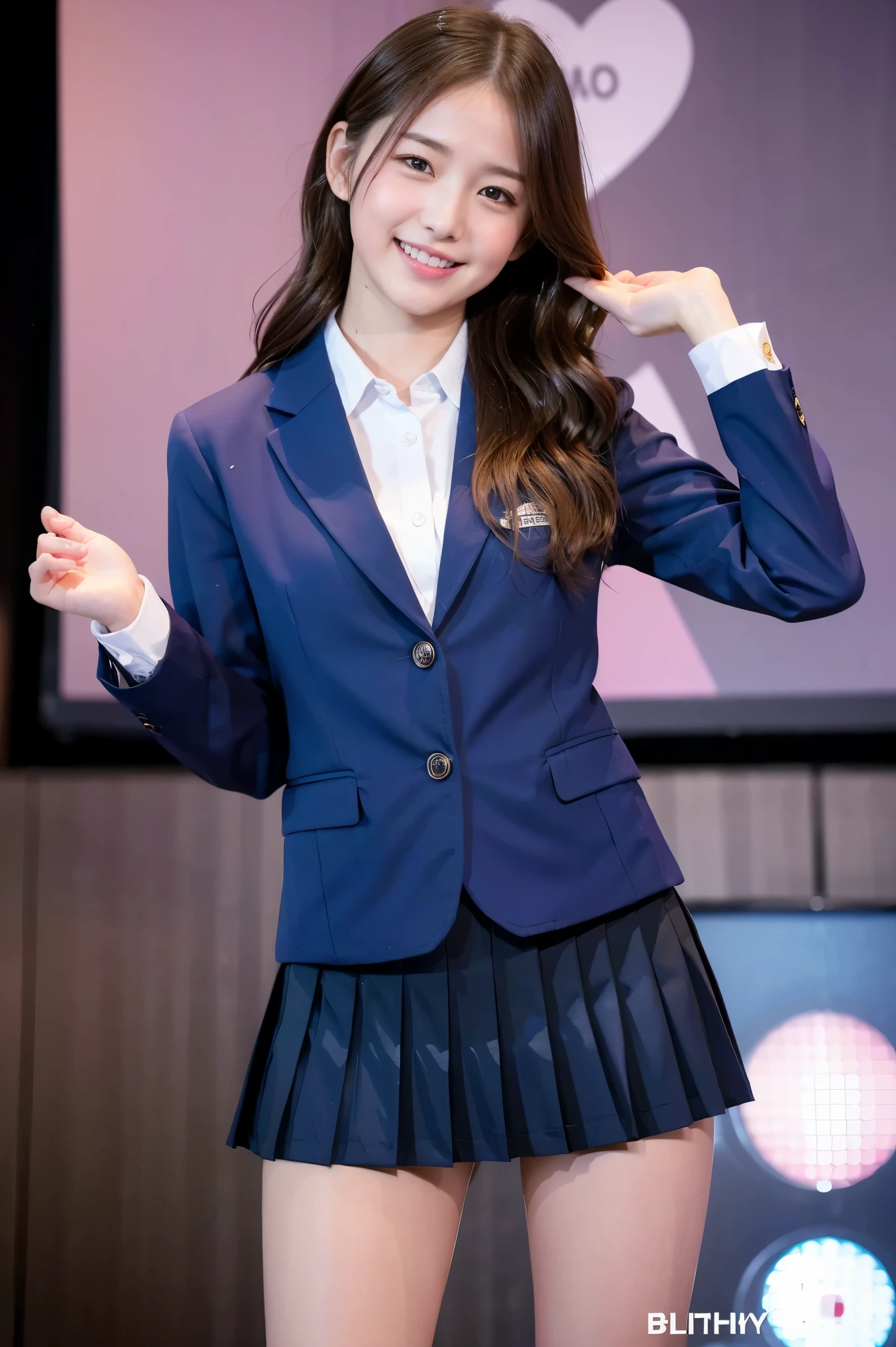 (8k), (highest quality: 1.2), (Realistic), (Realistic: 1.37), Ultra-high resolution, 1 girl, cute, (Embarrassed smile:1.2), (Blushing:1.4),Mouth closed, Beautiful details, Beautiful Nose, Thighs,University Student Uniform,A simple blazer, check pattern Pleated skirt,Dancing on the school stage, heart sign by hands,(Shiny Thighs:1.4),Medium Shot,low angle,