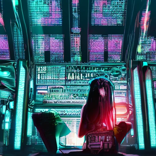 a woman sitting on top of a keyboard surrounded by music equipment, synthwave art, synthwave, glitchpunk girl, digital cyberpunk - anime art, decora inspired illustrations, in the style dan mumford artwork, synthwave art style, synthwave style, ((synthwave)), cyberpunk art style, synthwave art style ]!!, epic retrowave art