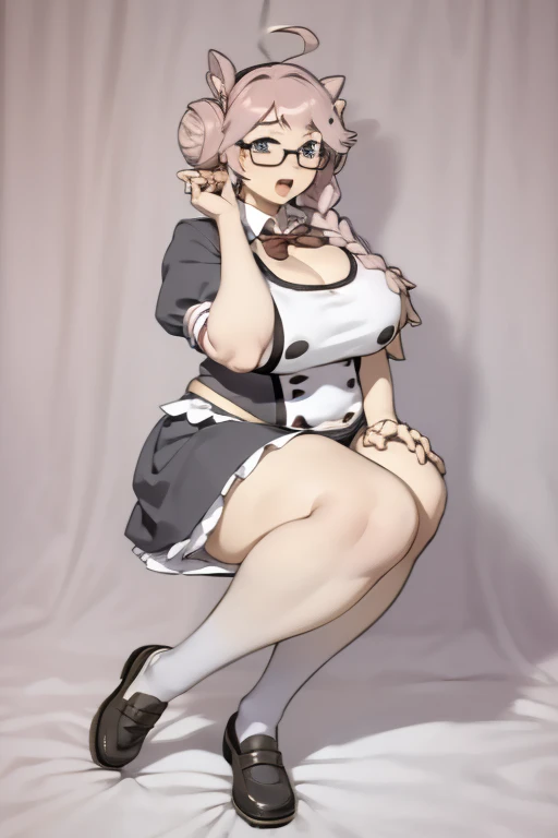 1girl, solo, long hair, looking at viewer, blush, open mouth, blue eyes, hair between eyes, sitting, twintails, standing, full body, pink hair, ahoge, frills, shoes, glasses, hand up, bowtie, black footwear, hair bun, puffy short sleeves, maid headdress, double bun, thick thighs, cleavage cutout, black socks, pink bow, loafers, between breasts, semi-rimless eyewear, mole on breast, black-framed eyewear, plump, heart hair ornament
sexy,bbw.boob