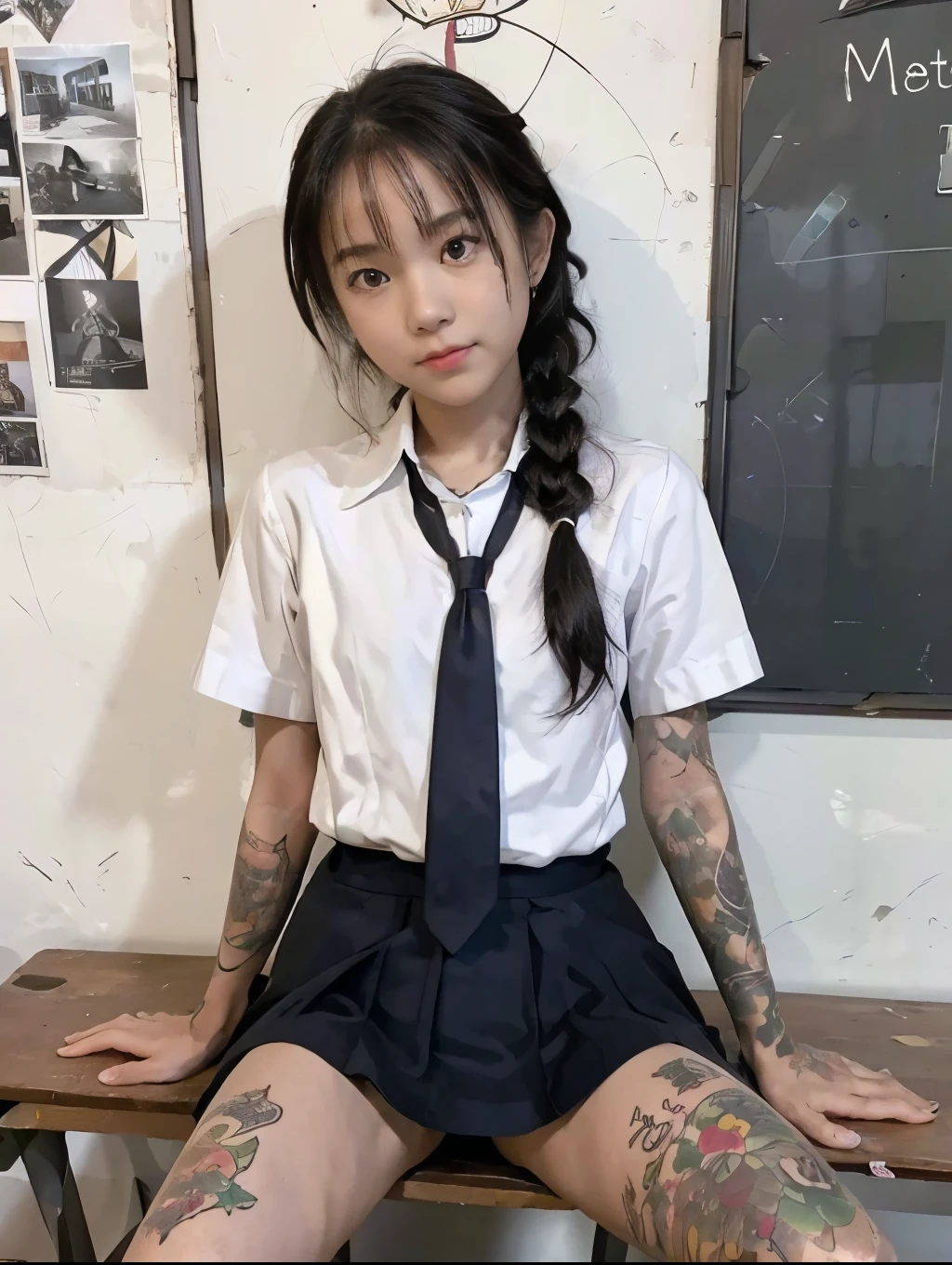 1girl, raw photo, 8k, (top-quality), Realistic, (real picture, Intricate details), (natural skin texture, detailed skin, hyper realism, sharpness), Japanese teenage girl sitting on school desk in  high school classroom, ((school uniform)), (blue tie, white blouse, pleated skirt), (pale skin:1.2), skinny body, (tattoos all over arms:1.4), (((flat chest:1.4))), (braid hairstyle, bangs), black board, full body shot