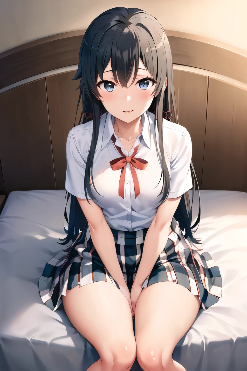 masterpiece, Highest quality, High resolution, yukino yukinoshita, (Perfect Fingers), (Perfect hands), Long Hair, Ahoge, Hair Ribbon, clavicle, Neck ribbon, (white_shirt), Short sleeve, (Checked skirt:1.5), bedroom, whiteいベッド, blush, smile,  (white_Panties:1.5), (Leg spread:1.5), (Raise both knees:1.5), (Lift up your skirt:1.5), (Sitting on the bed:1.5), (Wide pelvis:1.5), (Thick thighs:1.5)