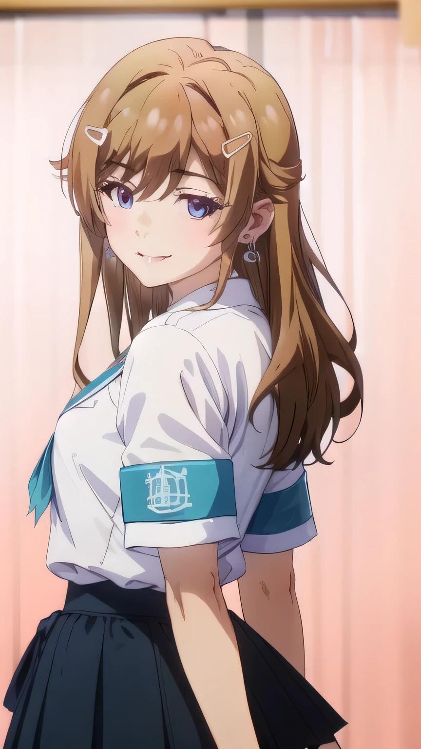 (masterpiece, Top Quality), kaede sajou, 1 girl, colorful feathers, hits, wide, blue eyes, hair clip, jewelry, earrings, medium breasts, school uniform, smile, blushing, looking at viewer,