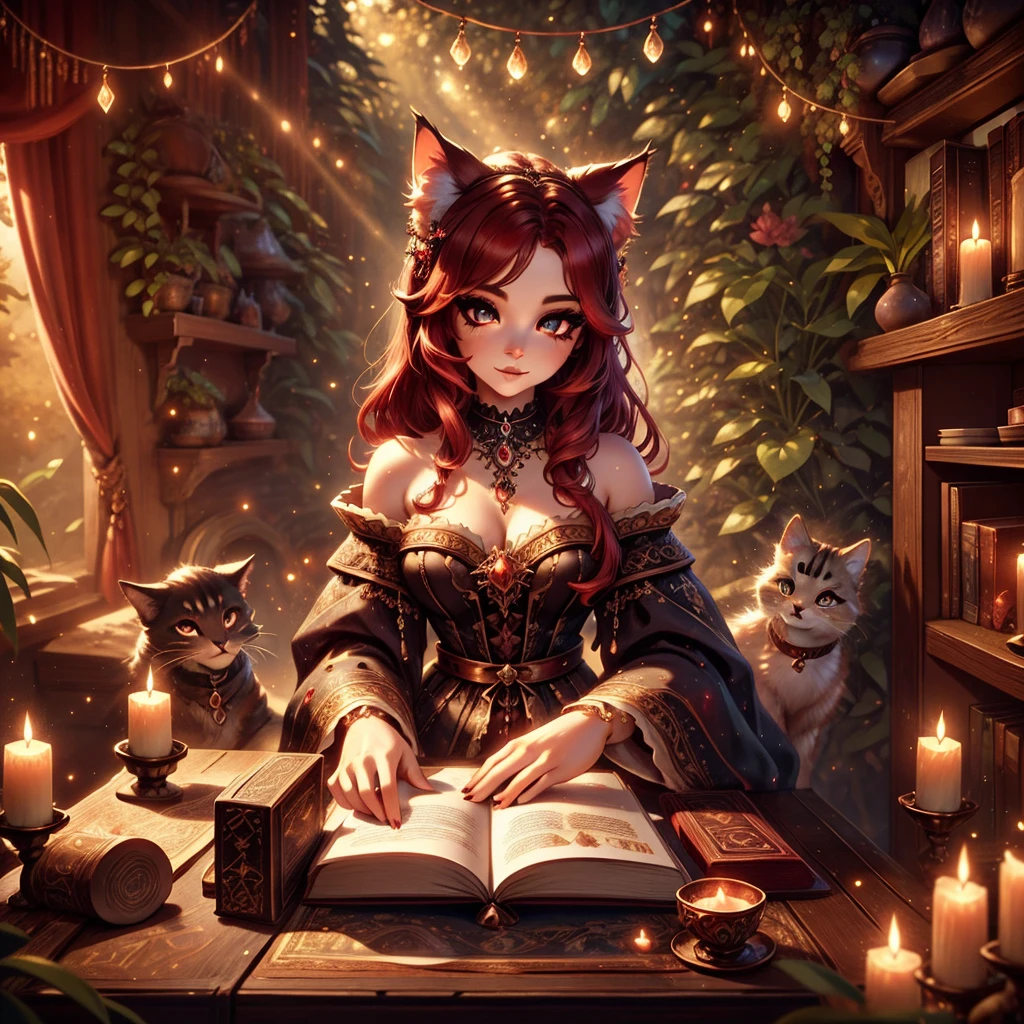 a feline woman with cat-like features, witch outfit, beautiful detailed eyes, beautiful detailed lips, extremely detailed face, long eyelashes, floating magic particles, red hair, flowing dark dress, dark smokey eyes, porcelain skin, sunlight streaming through trees, lush forest background, warm color palette, cinematic lighting, 8k, high quality, detailed, photorealistic