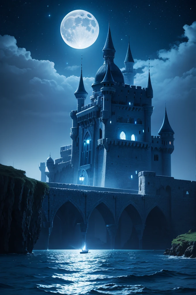 blurry foreground, outdoors, moon, moonlight, sea, night, water surface, castle, middle east, arab, blue background, fantasy, anime, 2d