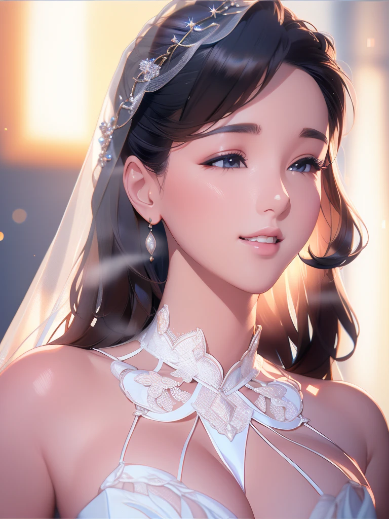 beautiful woman in a wedding dress, high quality 8K CGI, highly detailed, photorealistic, 1 girl, bridal veil, wedding dress, curtains, jewelry, earrings, teeth, black hair, (best quality,4k,8k,highres,masterpiece:1.2),ultra-detailed,(realistic,photorealistic,photo-realistic:1.37),HDR,UHD,studio lighting,ultra-fine painting,sharp focus,physically-based rendering,extreme detail description,professional,vivid colors,bokeh,portrait