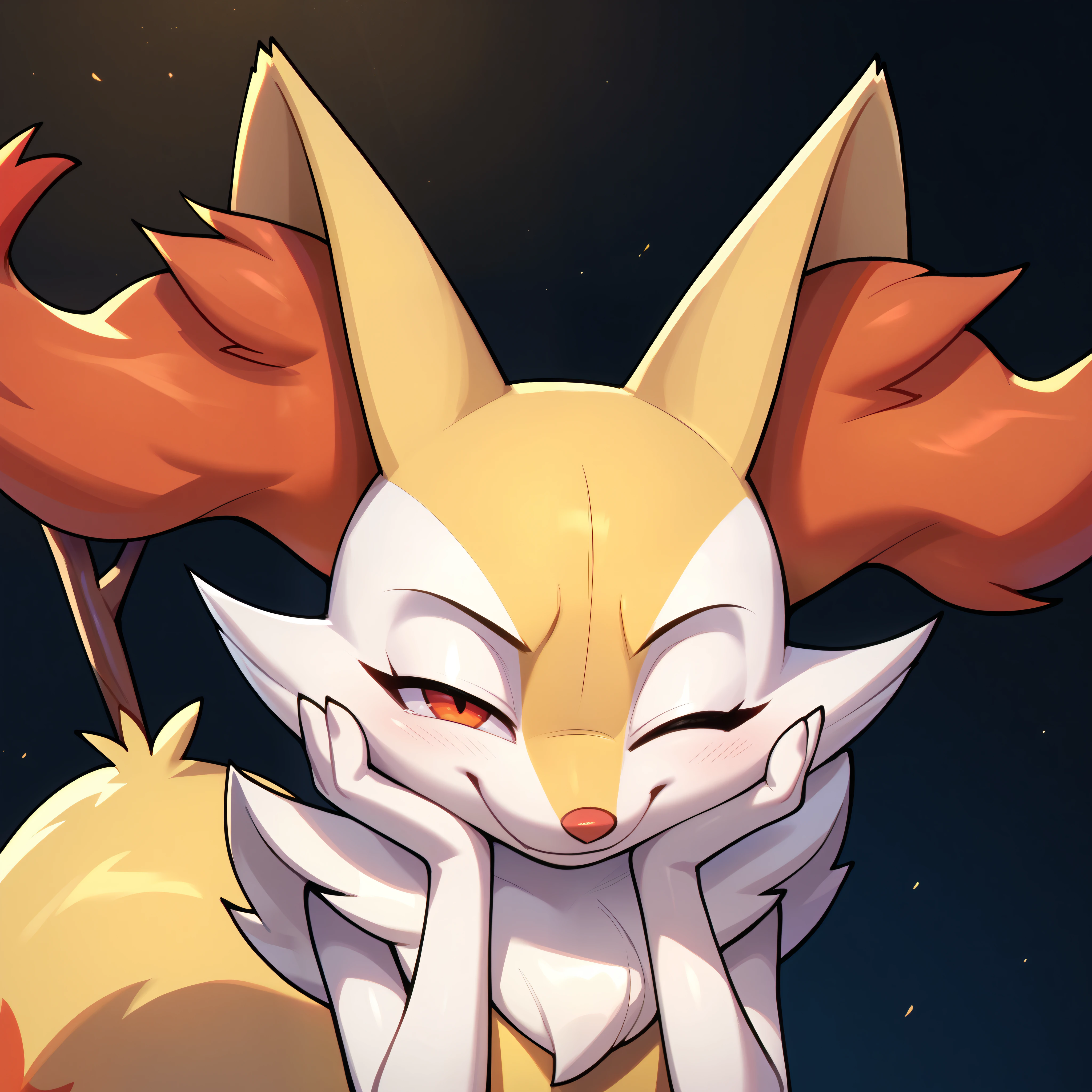 score_9, score_8_up, score_7_up, Braixen, Anthro, furry, FACE ONLY, HEAD ON, FACE FOCUS, fur, cute, centered, smile, winking,