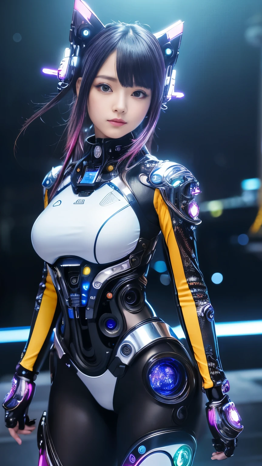(masterpiece, 最high quality, 最high quality, Official Art, beautifully)、Mechanical Girl、Very detailed,colorful,Most detailed、 (Futuristic night view:1.5), (Fractal Artなゴシックータの衣装:1.2、Long sleeve), (Shiny skin), (Many colors:1.4), Upper Body、Beautiful Japanese、Side lock hair、Man&#39;s chest:1.8、Small waist:1.3、High resolution、high quality、high resolution、Realistic textured faceと体、photo shoot、Three Dimensional、Beautiful gradient hair、超A high resolution 、Dynamic combat action shots、Effect Effects、Pistol in both hands、Black Makeup、Black Rouge、Black Lips、Black mouth、Trance、Upper Body、God of Destruction、Close-up、Fractal Art、Realistic textured face、A Broken World、chaos、Upper Body、(((Ultra-Realistic Details)))、Portrait、Sharp、CGSoation Trend、Degrees of Freedom:1.5