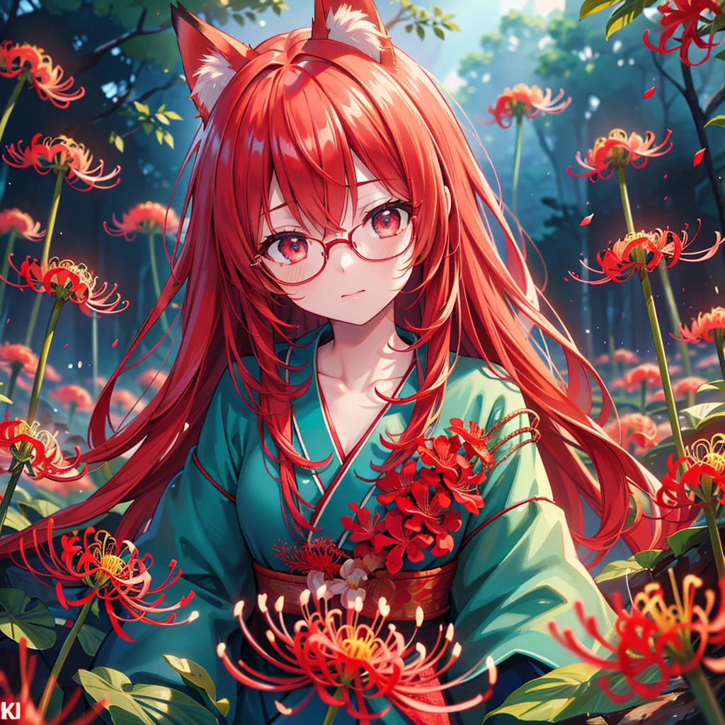 a beautiful glasses-wearing girl with long red hair and blue eyes in a red kimono stands in a field of red red spider lilies. a (fox) emerges from the twilight, detailed facial features, highly detailed eyes, (Best Quality, 4K, 8k, High Resolution, Masterpiece: 1.2), Ultra-detailed, (Realistic, Photorealistic, Photorealistic: 1.37), Vivid colors, Cinematic lighting, Surreal fantasy, atmospheric mood、Red spider lily forest