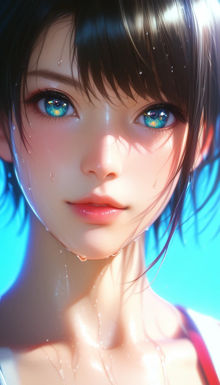 shubaBase, black hair, gradient eyes, aqua eyes, short hair, swept bangs, Close-up details, realistic style photo Japanese young woman, outstanding style, tall, cute, adult. Use soft lighting to cast gentle shadows on the subject, adding a touch of dimension to your images without compromising details, score_9, score_8_up, score_7_up, sweaty, wet, shiny skin, smart looking, haughty,