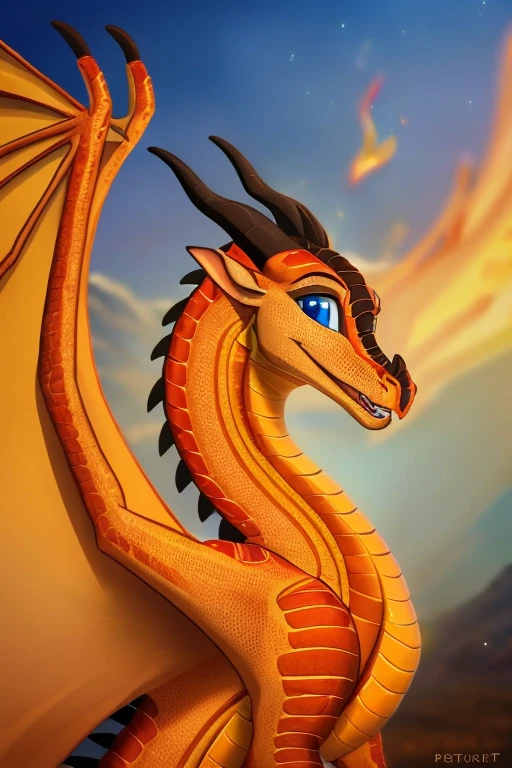 (Wings of fire), female,((( dragon))),(((péril))), (((blue eyes))), (((orange scales))), fire scales, plain, (((higt quality picture))) , wings, (( happy))