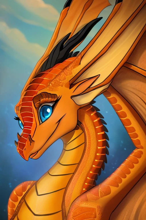 (Wings of fire), female,((( dragon))),(((péril))), (((blue eyes))), (((orange scales))), fire scales, plain, (((higt quality picture))) , wings, (( happy))