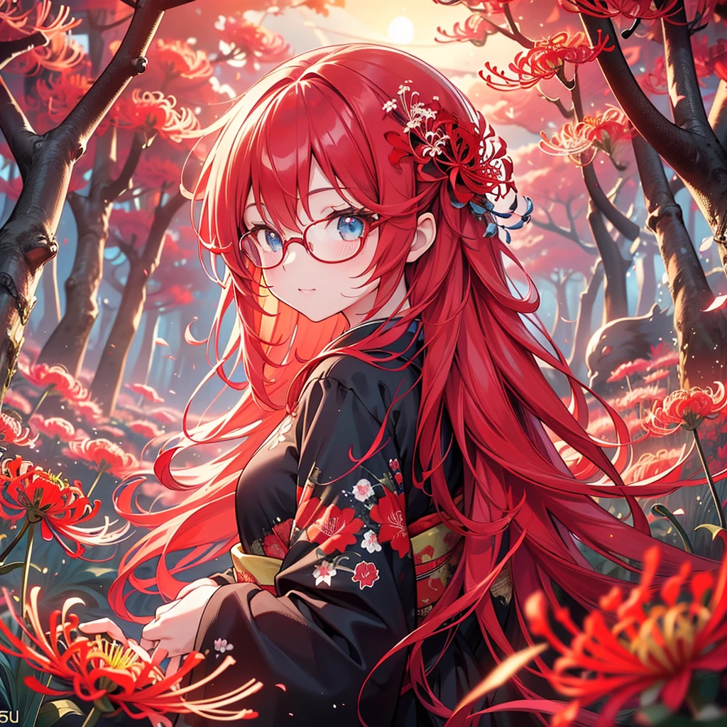 a beautiful glasses-wearing girl with long red hair and blue eyes in a red kimono stands in a field of red red spider lilies. a (fox) emerges from the twilight, detailed facial features, highly detailed eyes, (Best Quality, 4K, 8k, High Resolution, Masterpiece: 1.2), Ultra-detailed, (Realistic, Photorealistic, Photorealistic: 1.37), Vivid colors, Cinematic lighting, Surreal fantasy, atmospheric mood、Red spider lily forest、(sunset)