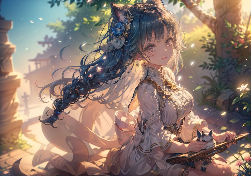 (masterpiece,top quality,high resolution,ultra detailed,ultra high definition,precise,high detail,very detailed,Perfect Fingers,Anatomically correct,ultra fine illustration,official art,HD,8k,16k 1.4),beautiful girl sitting on a bench, blue hair flowing in the wind, holding a cat and a flower, magical fairy-like appearance,smiling and captivating those around her, extremely detailed face and eyes, detailed hair and eyelashes, cinematic lighting, light particles, detailed textures and shadows, detailed background, 1girl, anime style, extremely detailed, dynamic angles, correct body structure, screencap, shadows, crystals, terrain,wide shot