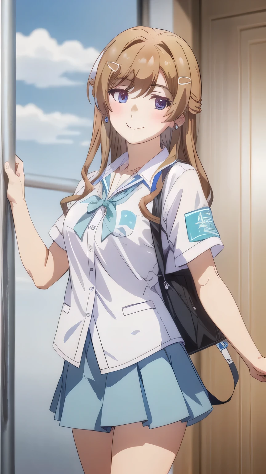 (masterpiece, Top Quality), kaede sajou, 1 girl, colorful feathers, hits, wide, blue eyes, hair clip, jewelry, earrings, medium breasts, school uniform, smile, blushing, looking at viewer,