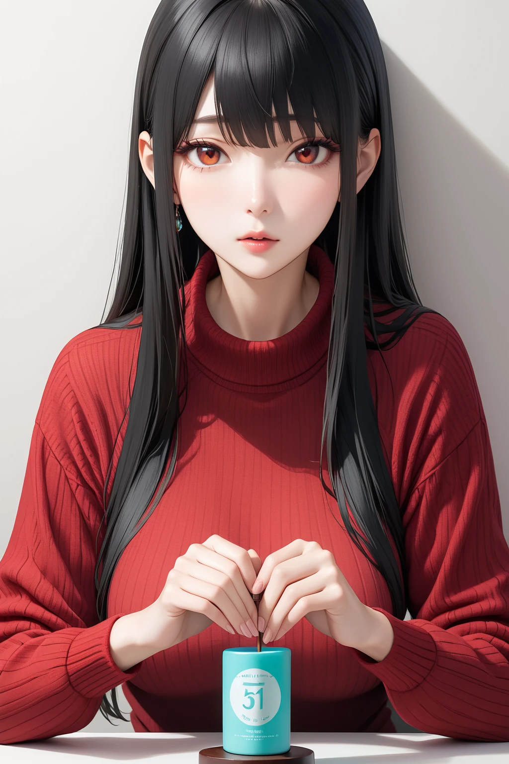 Red sweater, red eyes，A beautiful woman,black hair,maturity,attractive,perfect figure,(solo:1.2),(highest quality,extremely clear,masterpiece:1.2),
