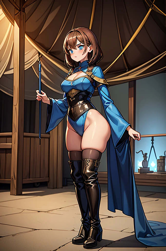 1 female, fierce, medieval, inside a war tent, young kid, sexy blue medieval dress, slim waist, wide hips, thick thighs, cute, Leather boots, hourglass figure, light brown hair, blue pupils, pout, best quality.