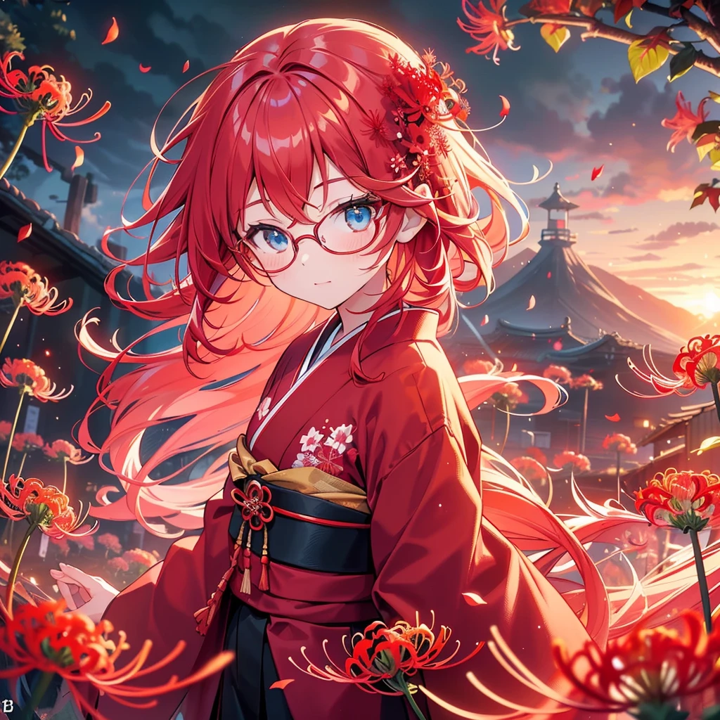 a beautiful glasses-wearing girl with long red hair and blue eyes in a red kimono stands in a field of red red spider lilies. a (fox) emerges from the twilight, detailed facial features, highly detailed eyes, (Best Quality, 4K, 8k, High Resolution, Masterpiece: 1.2), Ultra-detailed, (Realistic, Photorealistic, Photorealistic: 1.37), Vivid colors, Cinematic lighting, Surreal fantasy, atmospheric mood、Red spider lily forest、(sunset)