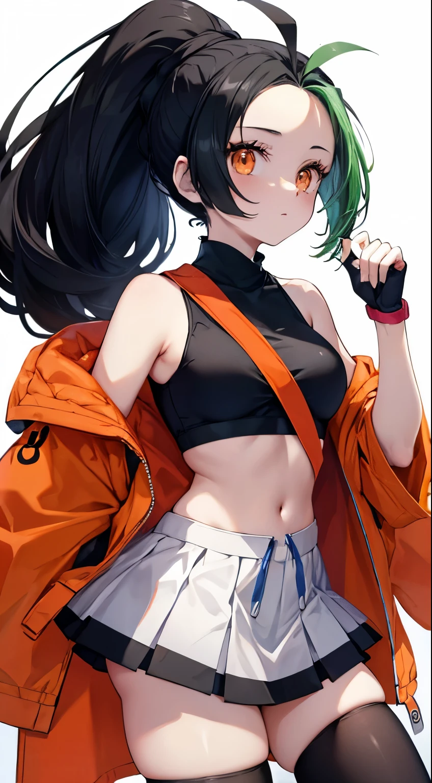 black hair，Orange eyes，，Long hair，High Ponytail，Green coat，Black sleeveless bra，White skirt，Black high stockings，Nemo《Pokémon》Beautiful Breasts