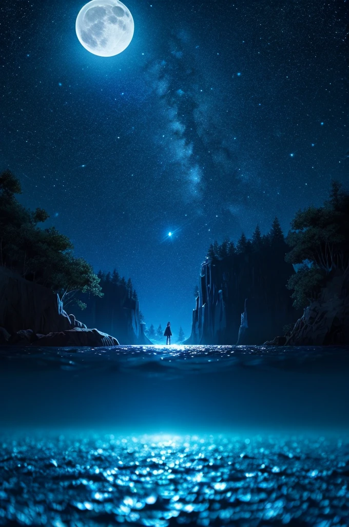 starry sky, outdoors, moon, moonlight, clear moon, sea, night, water surface, tree, forest, blue background, fantasy, anime, 2d, blurry foreground, beautiful star, many star