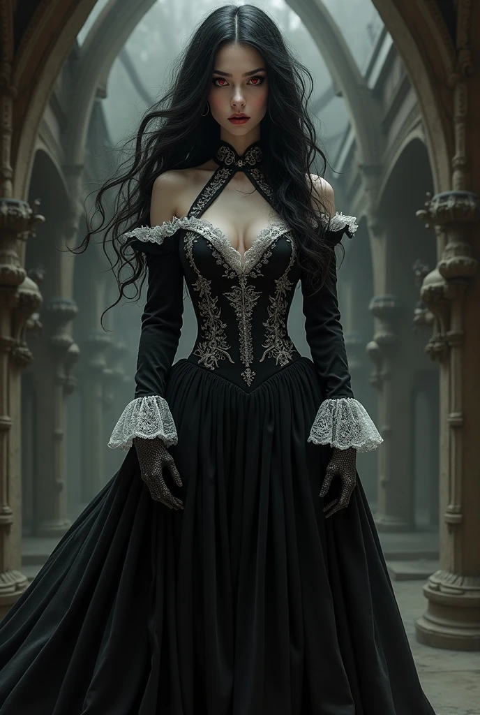 I want you to generate Carmilla Carmine from the Hazbin hotel series wearing a long black dress with white details