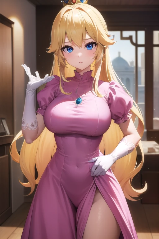 princesspeach, princess peach, blonde hair, blue eyes, long hair, big breasts, sensual pose,
BREAK crown, dress, gem, gloves, pink dress, puffy short sleeves, puffy sleeves, short sleeves, white gloves,
BREAK indoors,
BREAK looking at viewer, (cowboy shot:1.5),
BREAK (masterpiece:1.2), best quality, high resolution, unity 8k wallpaper, (illustration:0.8), (beautiful detailed eyes:1.6), extremely detailed face, perfect lighting, extremely detailed CG, (perfect hands, perfect anatomy),