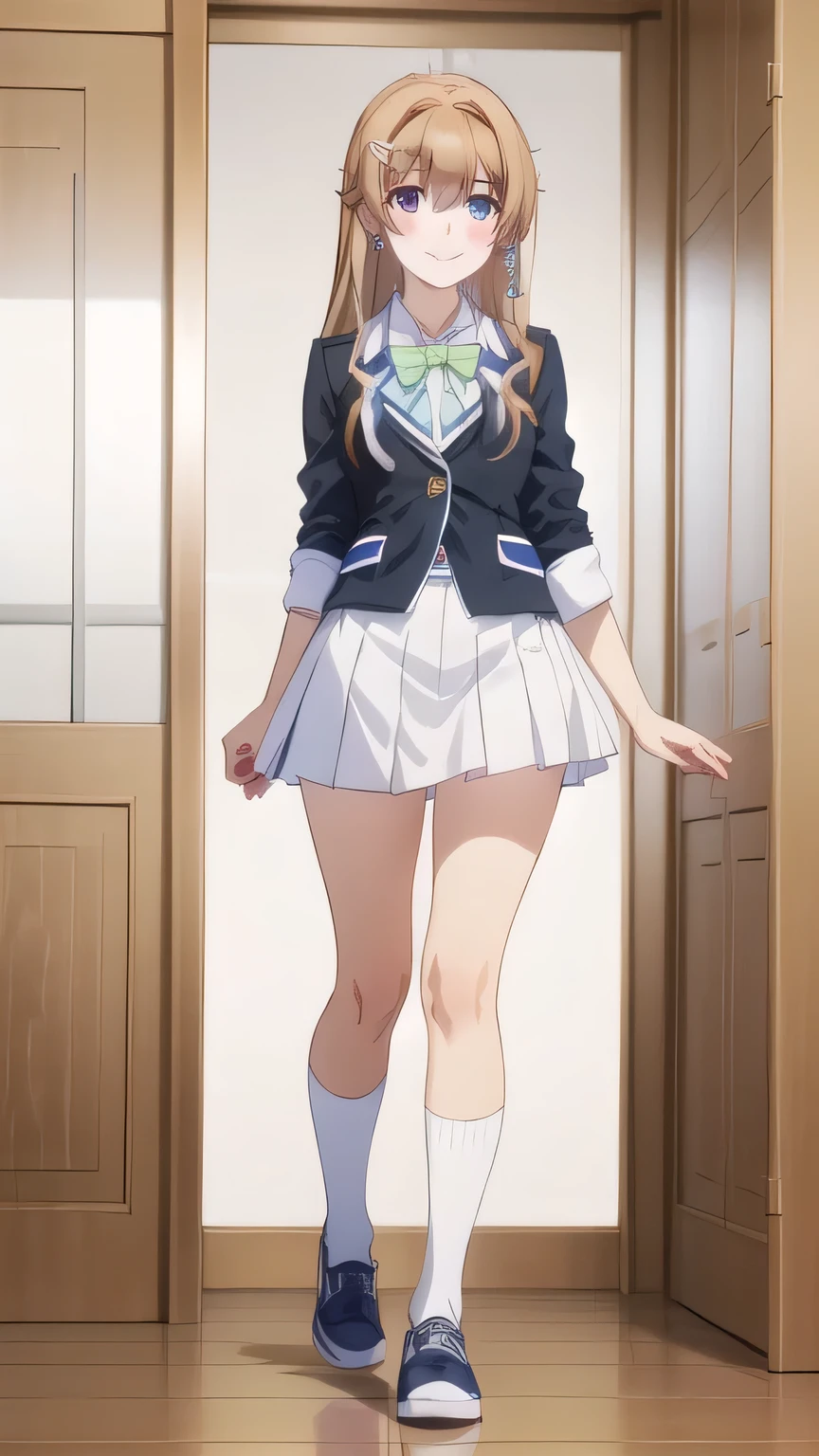 1 girl, alone, miku nakano, headphones around the neck, blue headphones, white shirt, long sleeves, cleavage, light green skirt, pleated, short skirt, black pantyhose, black heels, alone, brown hair, blue eyes, long hair, hair between eyes, blue eyes, detailed eyes, closed mouth, looking at viewer, bangs, standing, dynamic posture, curvy body, , large breasts, medium waist, wide hips, wide thighs, round butt, exterior, Japanese school , yard, looking back, from behind, focus on ass, pov (from below), standing, best quality, ultra detailed, masterpiece, perfect anatomy, perfect hands