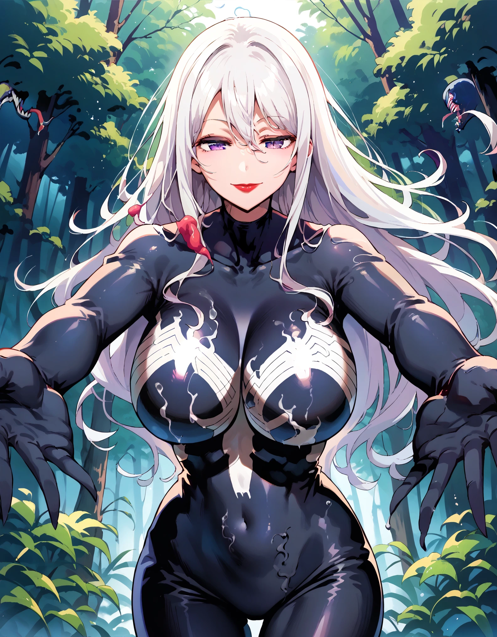 masterpiece, score_9, score_8_up, score_7_up, source_anime, best quality, extremely detailed, 1girl, milf, solo, hoshino ai, (huge breasts), ((((white hair), long hair, purple eyes, half-closed eyes))), red lips, (((she venom, black detailed bodysuit, full black suit, black suit))), ((light smile), closed mouth), ((beckoning, outstretched arms, forest))