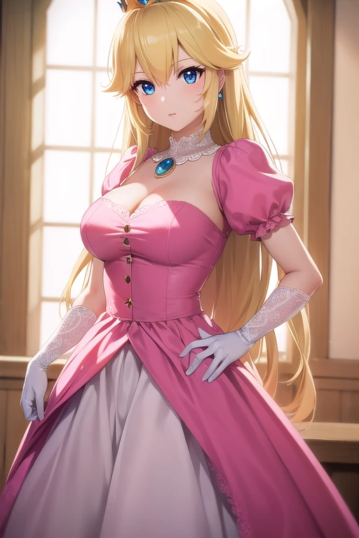 princesspeach, princess peach, blonde hair, blue eyes, long hair, big breasts,
BREAK crown, dress, gem, gloves, pink dress, puffy short sleeves, puffy sleeves, short sleeves, white gloves,
BREAK indoors,
BREAK looking at viewer, (cowboy shot:1.5),
BREAK (masterpiece:1.2), best quality, high resolution, unity 8k wallpaper, (illustration:0.8), (beautiful detailed eyes:1.6), extremely detailed face, perfect lighting, extremely detailed CG, (perfect hands, perfect anatomy),