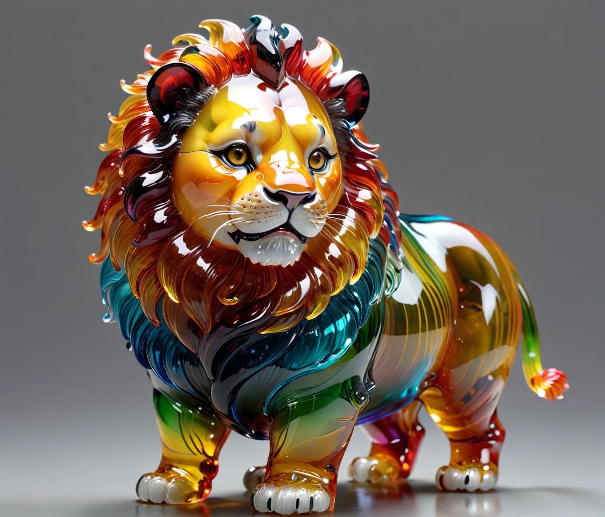 gl4ssj3m, (cute, chubby, male, lion), transparent glass sculpture, vibrant colors, done by artists such as Ruan Jia, highly detailed, intricate details, best quality, masterpiece, by Ruan Jia, depth of field, (((grey background))), detailxl