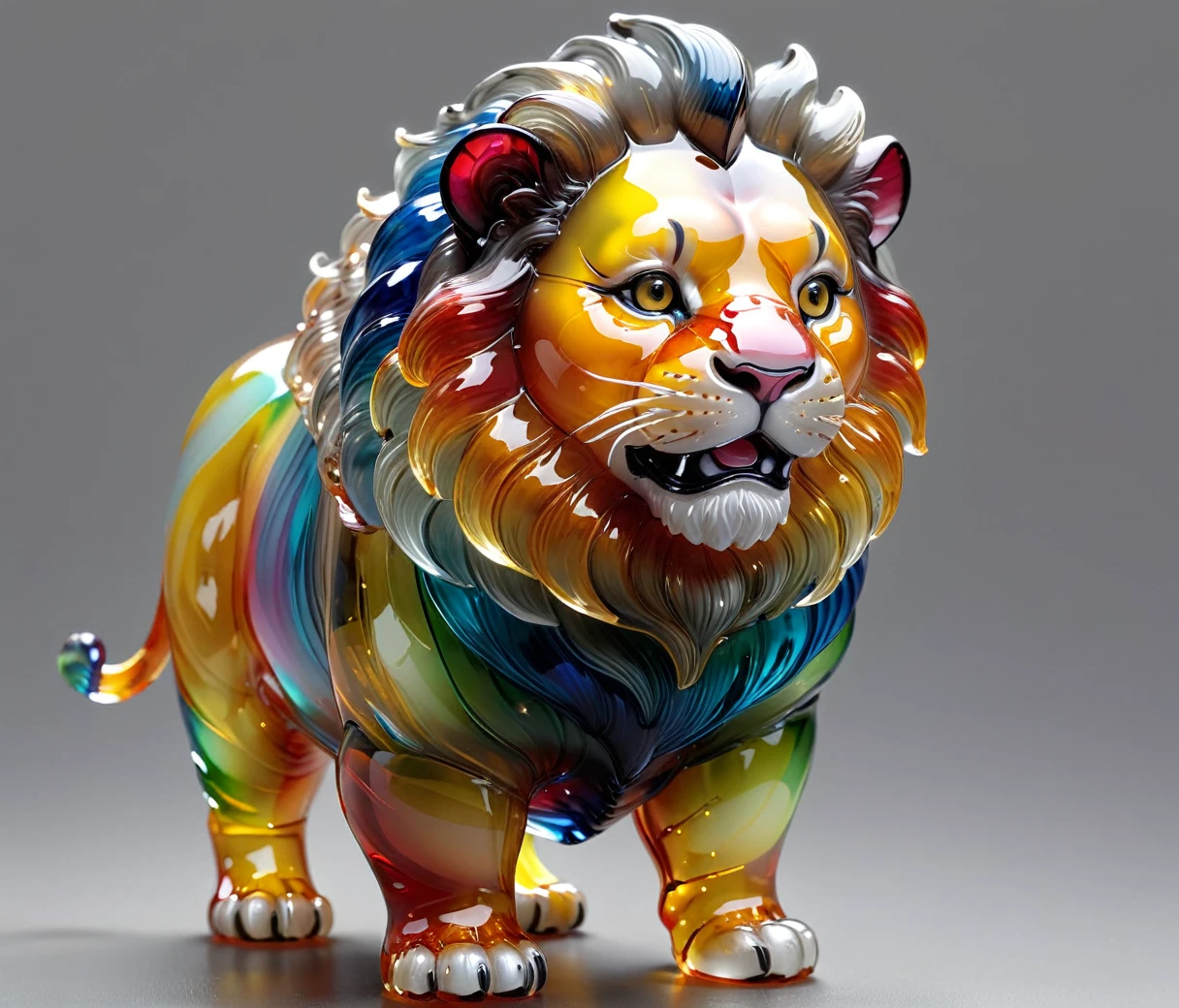 gl4ssj3m, (cute, chubby, male, lion), transparent glass sculpture, vibrant colors, done by artists such as Ruan Jia, highly detailed, intricate details, best quality, masterpiece, by Ruan Jia, depth of field, (((grey background))), detailxl