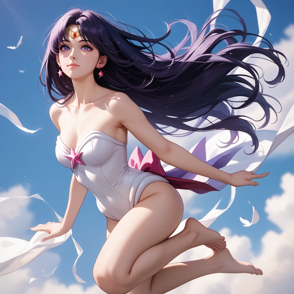 score_9, score_8_up, score_7_up, masterpiece, best quality, highres, absurdres, 8k wall paper, official art, purple sky, sailor mars, side view, mature, expressive eyes, rei hino, (full body:1.5), black hair, long hair, straight hair, parted bangs, purple eyes, close mouth, serene face, strapless leotard, white leotard, medium breasts, collarbone, earrings, barefoot, soaring through the sky, floating, flying