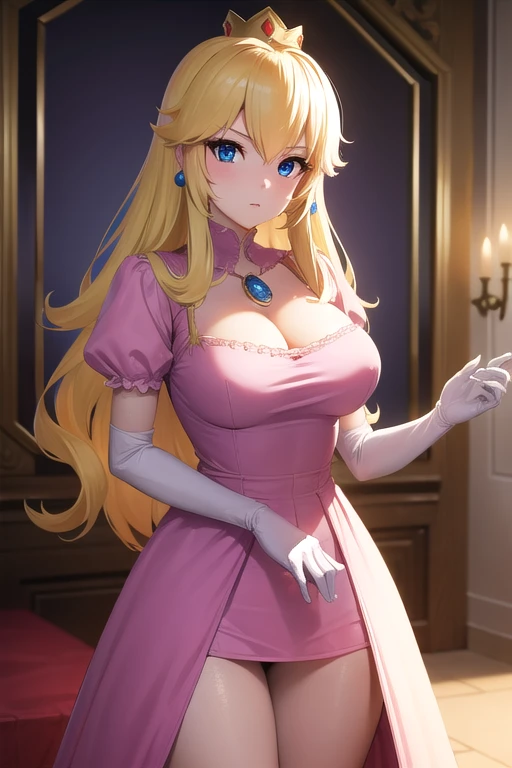 princesspeach, princess peach, blonde hair, blue eyes, long hair, big breasts, sensual pose,
BREAK crown, dress, gem, gloves, pink dress, puffy short sleeves, puffy sleeves, short sleeves, white gloves,
BREAK indoors,
BREAK looking at viewer, (cowboy shot:1.5),
BREAK (masterpiece:1.2), best quality, high resolution, unity 8k wallpaper, (illustration:0.8), (beautiful detailed eyes:1.6), extremely detailed face, perfect lighting, extremely detailed CG, (perfect hands, perfect anatomy),