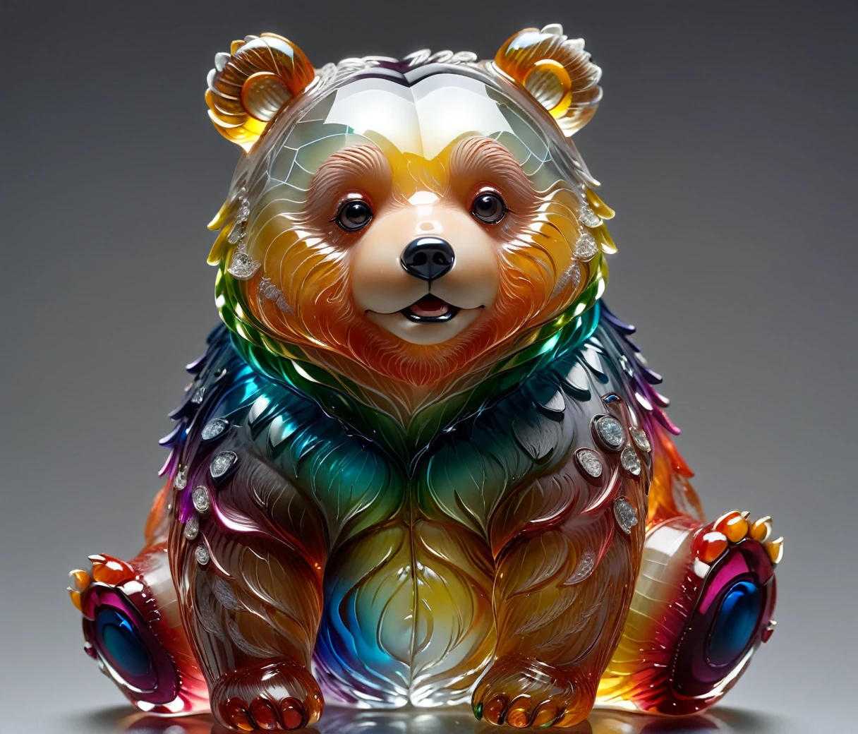 gl4ssj3m, (cute, chubby, male, bear), transparent glass sculpture, vibrant colors, done by artists such as Ruan Jia, highly detailed, intricate details, best quality, masterpiece, by Ruan Jia, depth of field, (((grey background))), detailxl