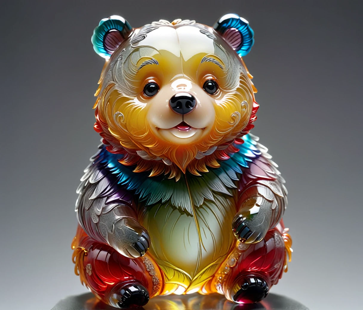 gl4ssj3m, (cute, chubby, male, bear), transparent glass sculpture, vibrant colors, done by artists such as Ruan Jia, highly detailed, intricate details, best quality, masterpiece, by Ruan Jia, depth of field, (((grey background))), detailxl