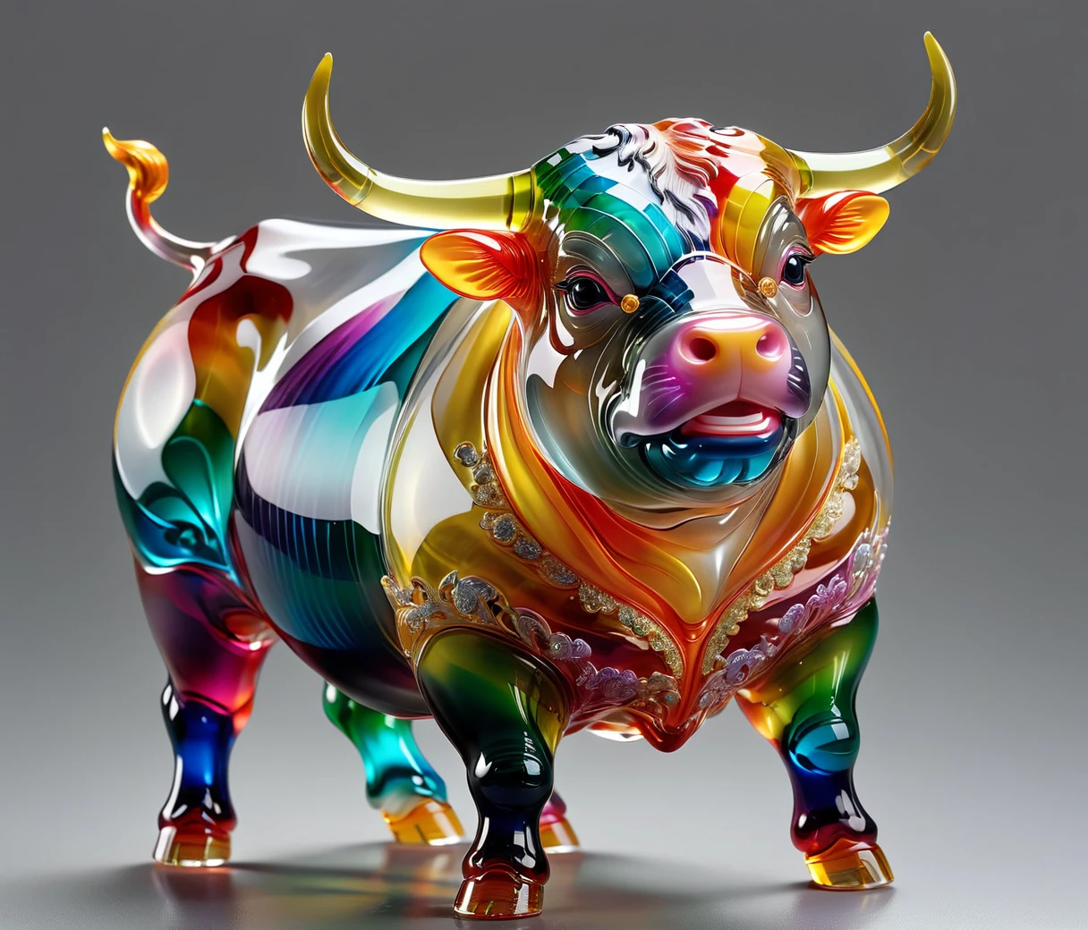 gl4ssj3m, (cute, chubby, male, bull), transparent glass sculpture, vibrant colors, done by artists such as Ruan Jia, highly detailed, intricate details, best quality, masterpiece, by Ruan Jia, depth of field, (((grey background))), detailxl