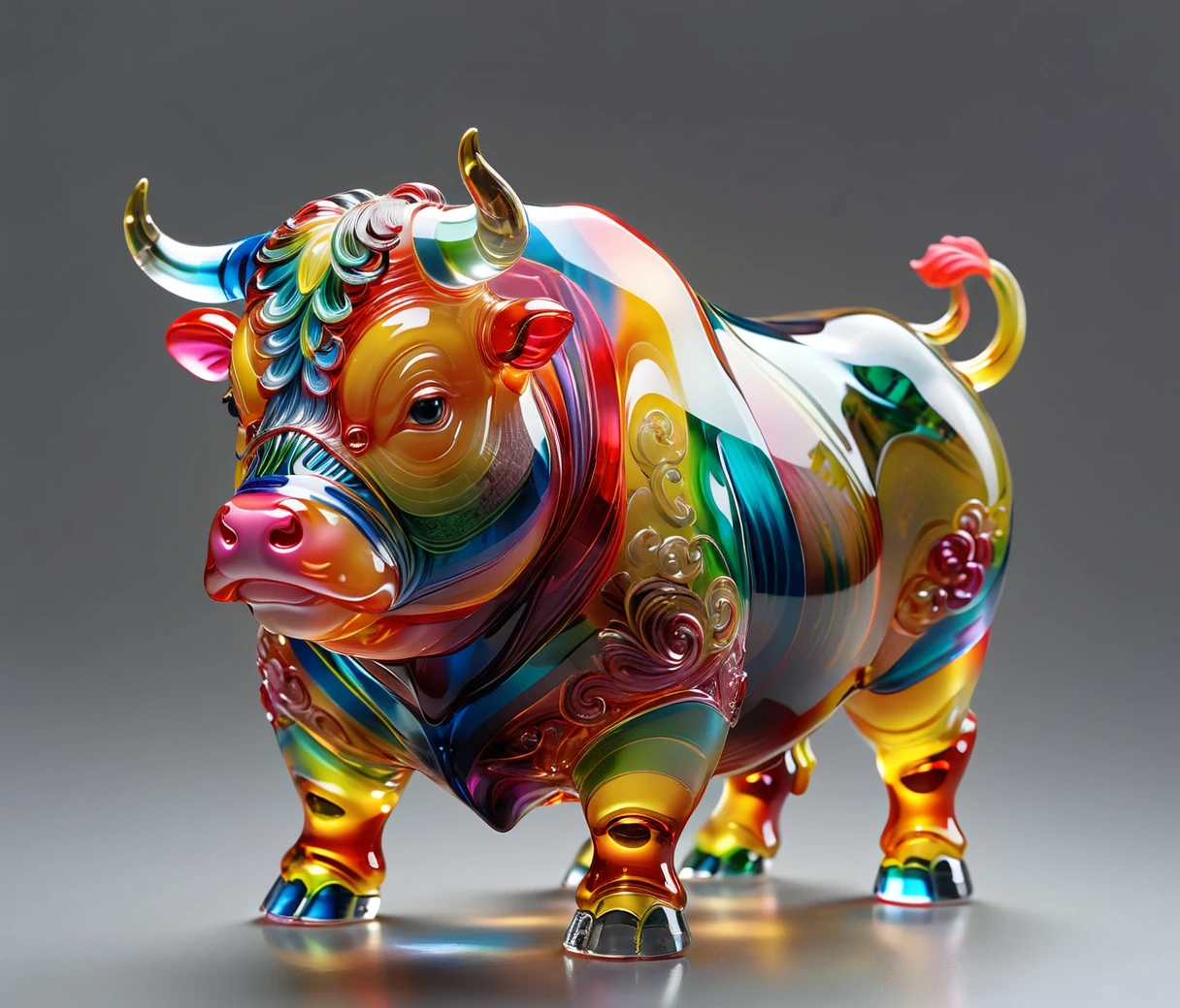 gl4ssj3m, (cute, chubby, male, bull), transparent glass sculpture, vibrant colors, done by artists such as Ruan Jia, highly detailed, intricate details, best quality, masterpiece, by Ruan Jia, depth of field, (((grey background))), detailxl