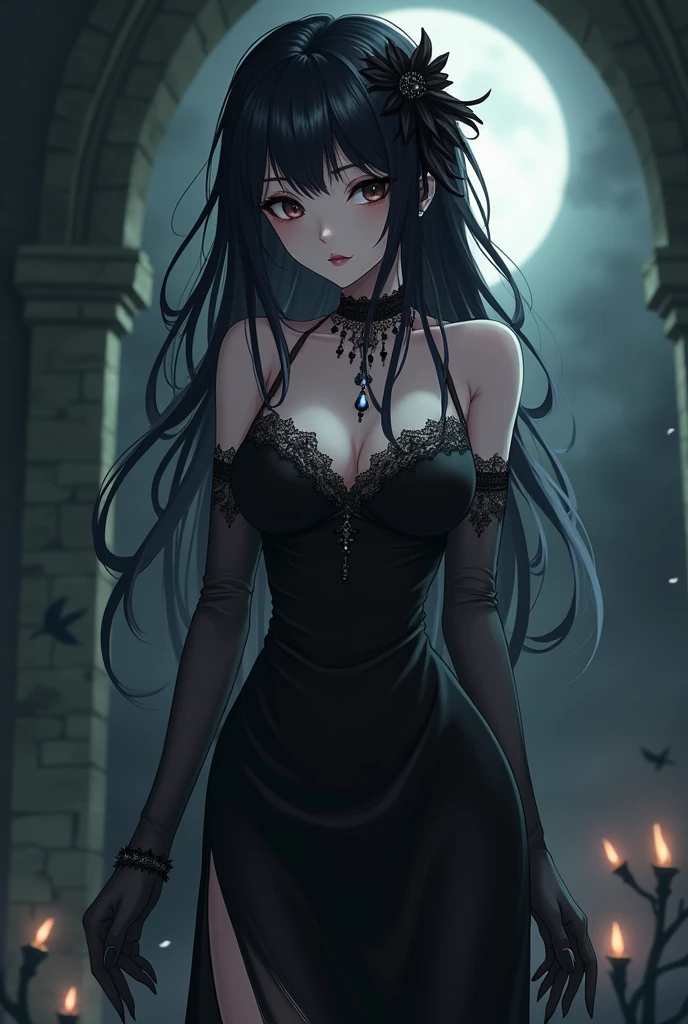 An anime girl with cat ears, very long, cabello negro very long lacio con flequillo similar a Inuyasha, and golden eyes with short black lace dress with pantyhose with high red boots, and a high bun gathered 