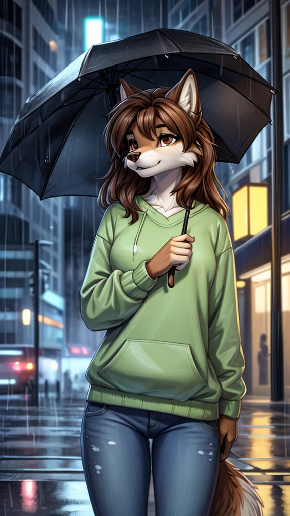 (very detailed illustration: 1.2), best quality, masterpiece, solo, natural lighting, An young female anthro wolf with dark brown fur, she has brown eyes and dark brown hair, She is dressed in jeans and a light green sweatshirt, she is in the middle of a modern city, in the modern city it is night and it is raining, she has an umbrella in her hands.