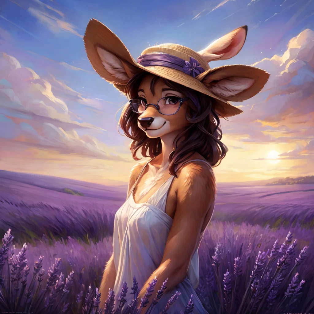 uploaded on e621, artstation, by Pixelsketcher, by Bayard Wu, by Thomas Benjamin Kennington , by Einshelm, by hioshiru and kenket, Chunie, portrait, solo anthro female deer doe, with small featureless breasts, clear dark blue, cinematic lighting, day, sunny day, lavender field, stays in a lavender field, lavender field background, mediterranean background, horizon background, shiny, shoulder long curly dark brown hair, wears big black nerd glasses, very very beautiful furry art, furry art, smiling, joyful, shiny, happy, feminine, cute face, muzzle, fluffy chest, flawless face, Fallow deer, 1girl, Sakimichan is beautiful, Masterpiece, Wavethesallow Face, shiny, Detailed image, portrait, Detailed image, portrait, full body, wears white short summer dress, wearing beige summer straw hat, shiny, realistic face, perfect anatomy, hourglass body, (furry body:1.1), anthropomorphic deer, looks at the viewer, small fluffy tail, detailed background, (cute anatomy:1.1), walks in a lavender field, a few cypress trees in the background, few lavender flowers in hair
