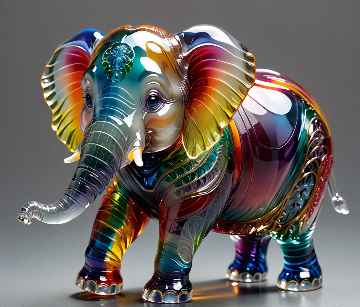 gl4ssj3m, (cute, chubby, male, elephant), transparent glass sculpture, vibrant colors, done by artists such as Ruan Jia, highly detailed, intricate details, best quality, masterpiece, by Ruan Jia, depth of field, (((grey background))), detailxl