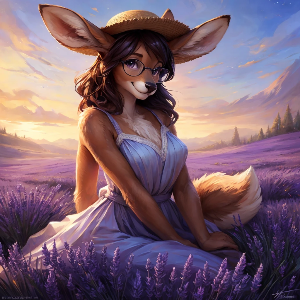 uploaded on e621, artstation, by Pixelsketcher, by Bayard Wu, by Thomas Benjamin Kennington , by Einshelm, by hioshiru and kenket, Chunie, portrait, solo anthro female deer doe, with small featureless breasts, clear dark blue, cinematic lighting, day, sunny day, lavender field, stays in a lavender field, lavender field background, mediterranean background, horizon background, shiny, shoulder long curly dark brown hair, wears big black nerd glasses, very very beautiful furry art, furry art, smiling, joyful, shiny, happy, feminine, cute face, muzzle, fluffy chest, flawless face, Fallow deer, 1girl, Sakimichan is beautiful, Masterpiece, Wavethesallow Face, shiny, Detailed image, portrait, Detailed image, portrait, full body, wears white short summer dress, wearing beige summer straw hat, shiny, realistic face, perfect anatomy, hourglass body, (furry body:1.1), anthropomorphic deer, looks at the viewer, small fluffy tail, detailed background, (cute anatomy:1.1), walks in a lavender field, a few cypress trees in the background, few lavender flowers in hair
