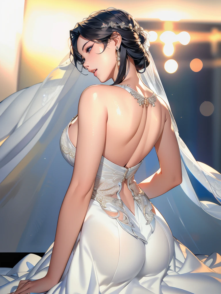 Beautiful woman in wedding dress、High quality 8K CGI、Very detailed、Photorealistic、1 girl、Bridal Veil、Wedding Dresses、curtain、jewelry、Earrings、teeth、Black Hair、Highly textured raw skin、(Highest quality、4K、8k、High resolution、masterpiece:1.2)、Super detailed、(Real、Photorealistic、Photorealistic:1.37)、HDR、uhd、Studio Lighting、Ultra-fine painting、Sharp Focus、Physically Based Rendering、Very detailedな描写、professional、Bright colors、Bokeh、Portrait、Full body photography、Woman back shot、Look back at your audience。