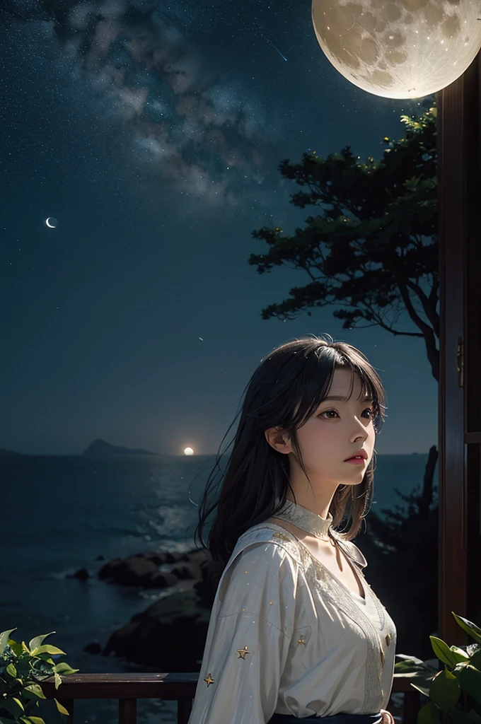 starry sky, outdoors, moon, moonlight, clear moon, one moon, yellow moon, sea, night, water surface, tree, (forest: 0.8), blue background, fantasy, anime, 2d, blurry foreground, beautiful star, many star, no cloud, (without girl, no girl: 1.2)