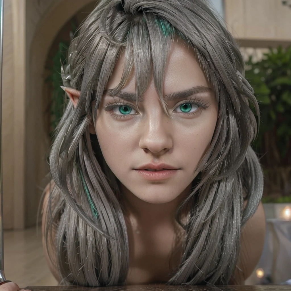 Green eyes, silver hair, naked, hairy pussy