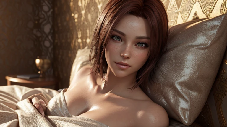 Image of a 30-year-old Japanese woman　Beautiful big boobs　Beauty　Brown Hair　blush　Completely naked　From the waist up　bangs　Raising both arms behind head　Small nipples　Agony　Slit eyes　Alluring features　Slim body　White small string panties　Topless　Straight Hair