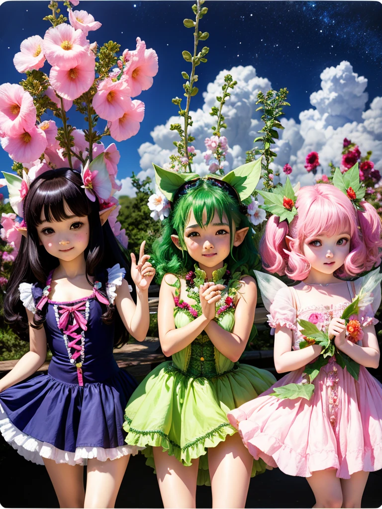 cute little cosmos Fairy, Shiny Hair,, leaf hair accessories, smile, Gaze, , Pointy Ears, Anatomically correct,  , Fluffy skirt、Fluffy Dress、Bob Hair, Rainbow Hair, Cloud-like hairstyle, 