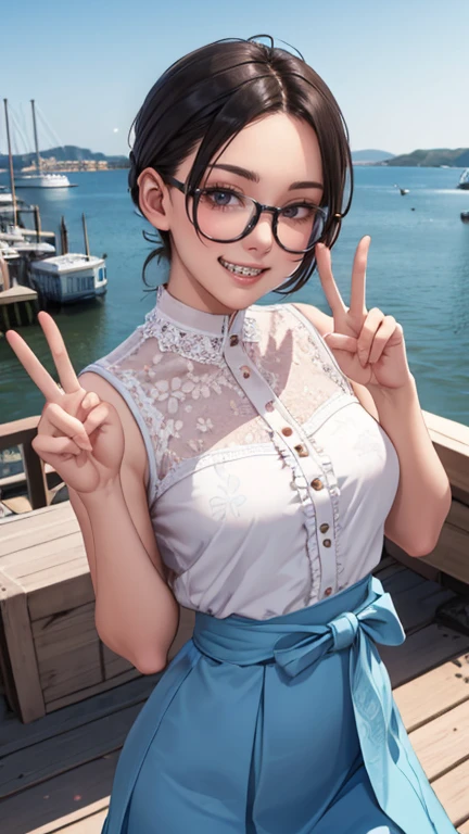 masterpiece, high quality, perfect face, beautiful face, 1girl, wide grin, open mouth, ((braces:1.2)), shy, brown hair, black eyes, glasses, (young girl, teenager), (cute baby pink blouse with flowery pattern with frills), (baby blue skirt with lace), gorgeous, gorgeous female, beautiful, hot, attractive, small breasts, perfect round breasts, skinny, perfect female body, ((narrow waist)), looking at viewer, standing, peace hand sign, harbour seaside view, morning, cinematic lighting, presenting, zoom in, intricate detail, delicate pattern,