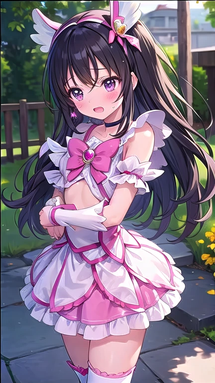 tokisaki kurumi,((masterpiece)),(((Highest quality))),((Very detailed)),((figure)),((Disheveled Hair)),((Frills)),(1 girl),(alone), One girl, Butt, Black Hair, Blurred background, blush, flower bouquet, dress, flower, gloves, Hair on one eye, holding flower bouquet, Open your mouth, pink flower, pink Rose, red Rose, Rose, smile, White legwear, white Rose, Blurred, Depth of written boundary,Lace Underwear, Wearing Lace Underwear, No skirts, Show off your thighs, White Stockings, Lace Stockings,Full Shot,evaluation:Safety,