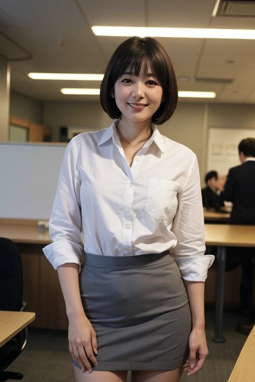 Masterpiece, photo quality, (high resolution photo: 1.4), Japanese woman, business jacket, cotton tight skirt, beautiful thighs with skin tone, bob hair, smile, droopy eyes, gentle eyes, bangs, office, perfect lighting,